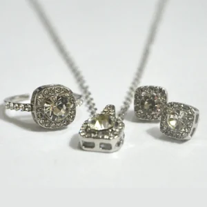Silver CZ Solitaire Set - Necklace, Ring, Stud Earrings